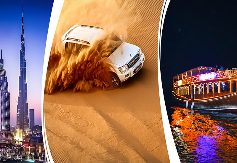Dubai City Tour + Desert Safari + Marina Dhow Cruise Dinner